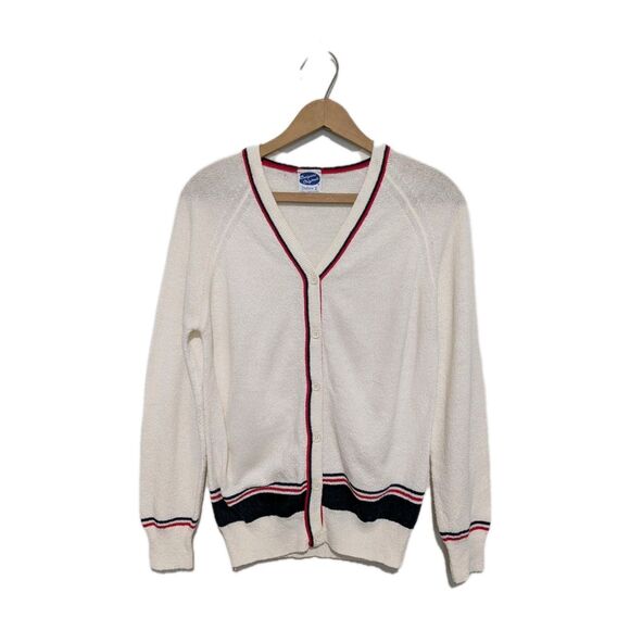 Vintage 70s Designer's Originals Acrylic Cream Cardigan Red Blue Striped S B 38 - Picture 1 of 4